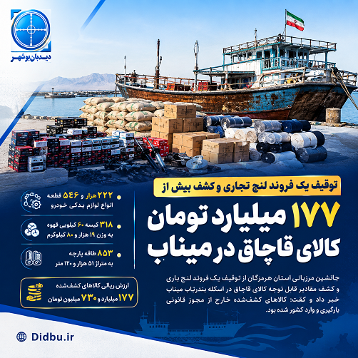 توقیف یک فروند لنج تجاری و کشف بیش از ۱۷۷ میلیارد تومان کالای قاچاق در میناب